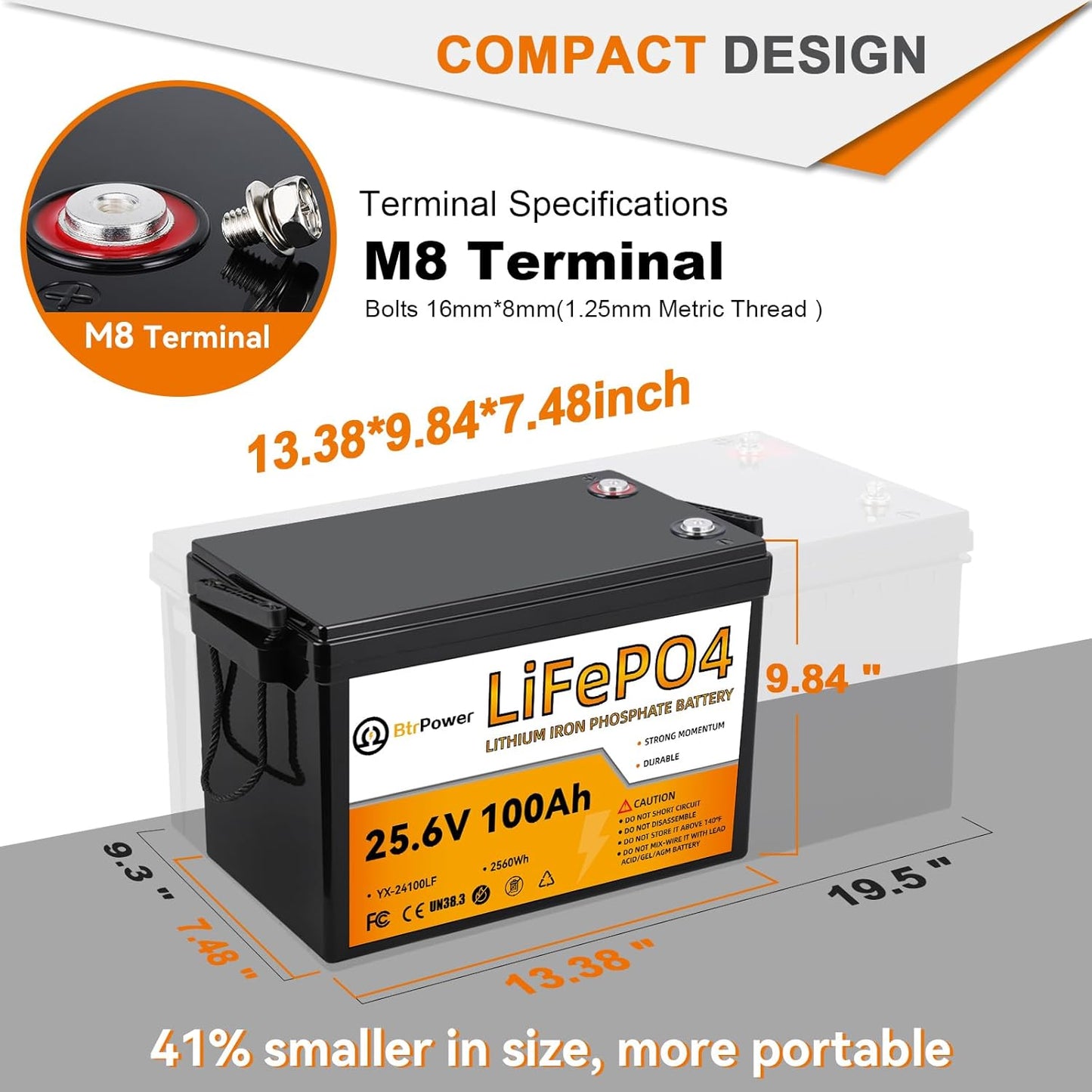 BtrPower Lithium 24V 100Ah LiFePO4 Battery for RV Marine Solar System 100A BMS