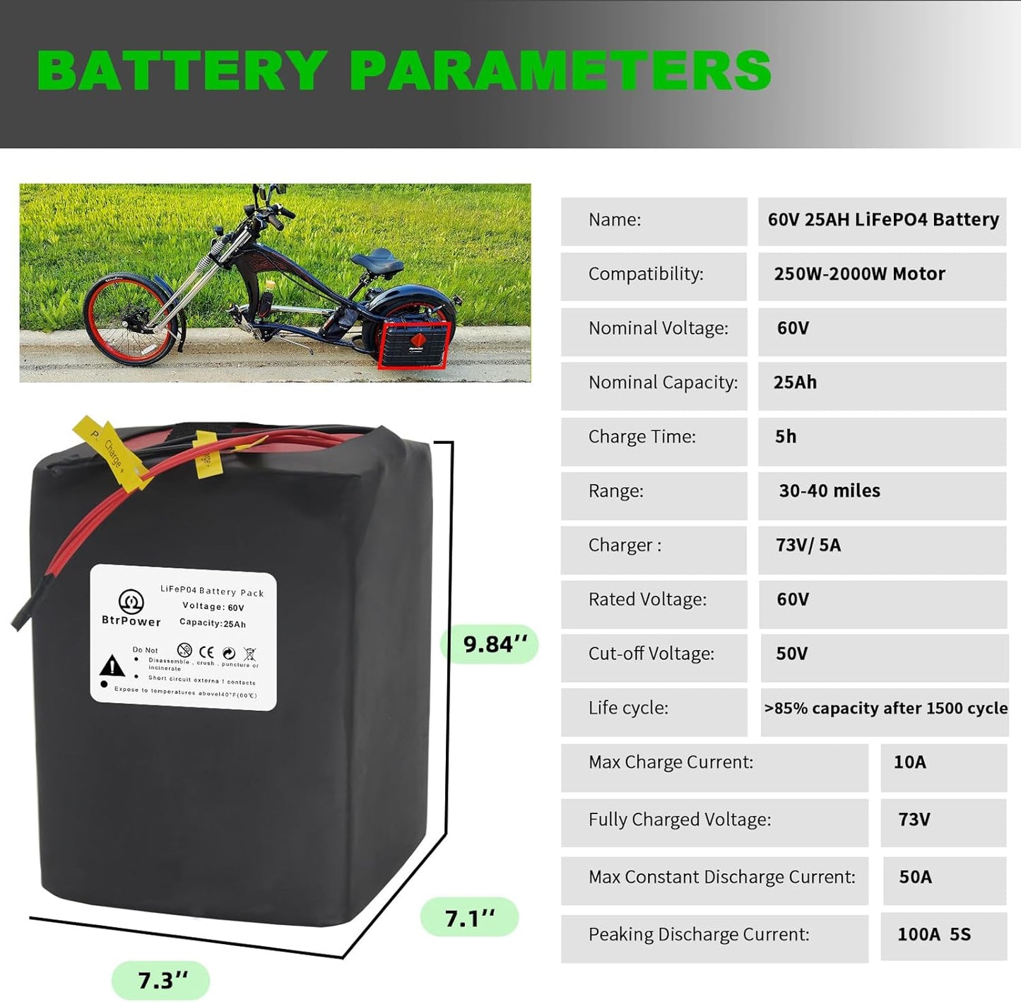 Electric Bike Ebike 60V 25Ah LiFePO4 Battery Pack for 250-1500W Trike Motor 50A BMS