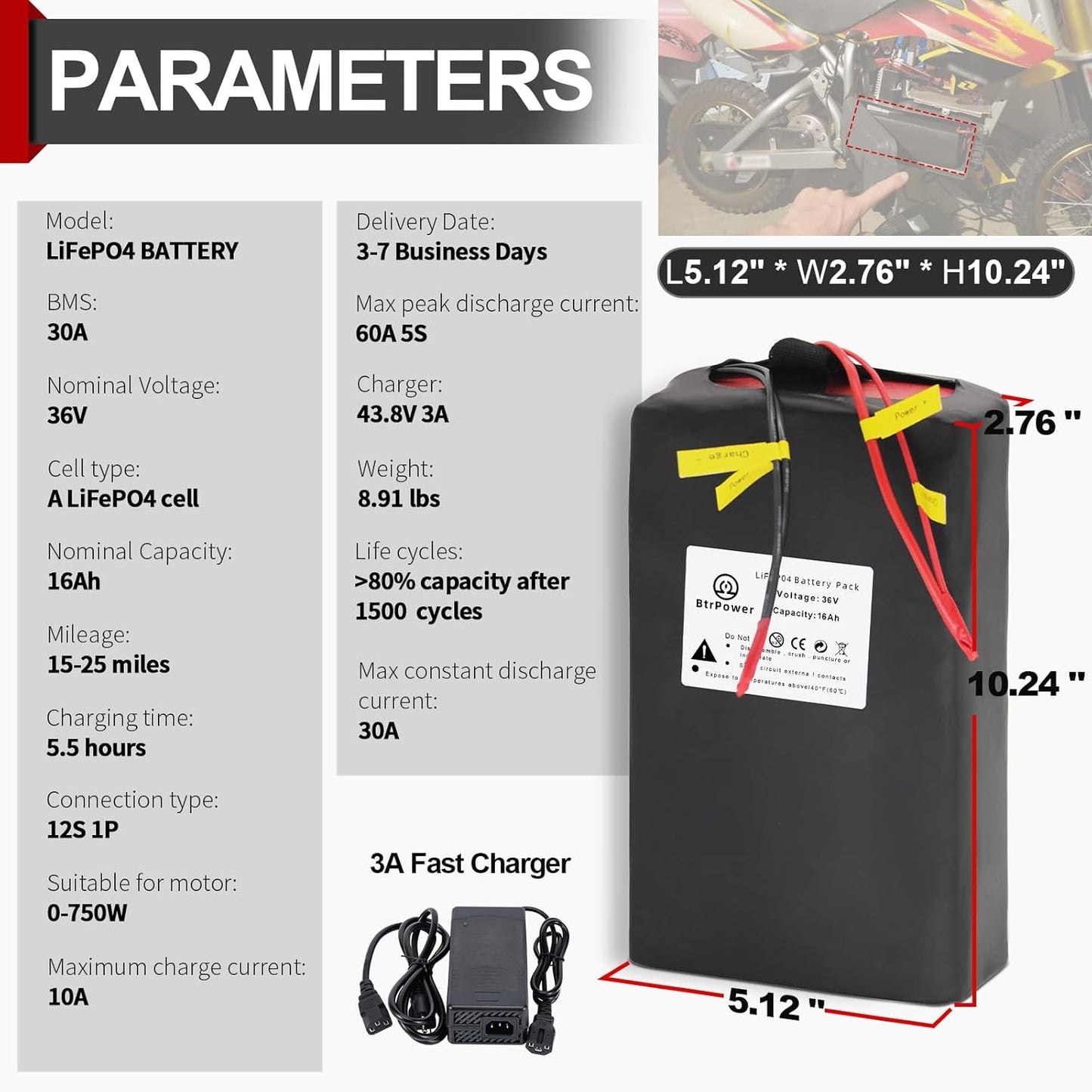 BtrPower 36V 16AH Ebike Battery  LiFePO4 Battery Pack with 3A Charger 30A BMS for 0W-750W Motor