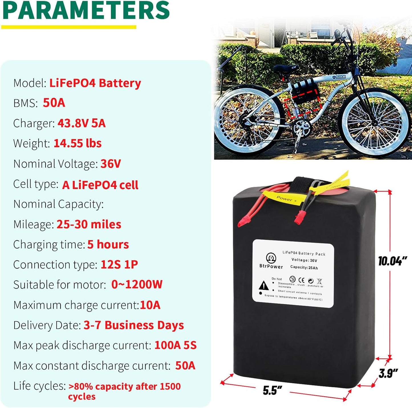 36V 25Ah Ebike Battery Pack Lithium LiFePO4 for Scooter Electric Bike 50A BMS