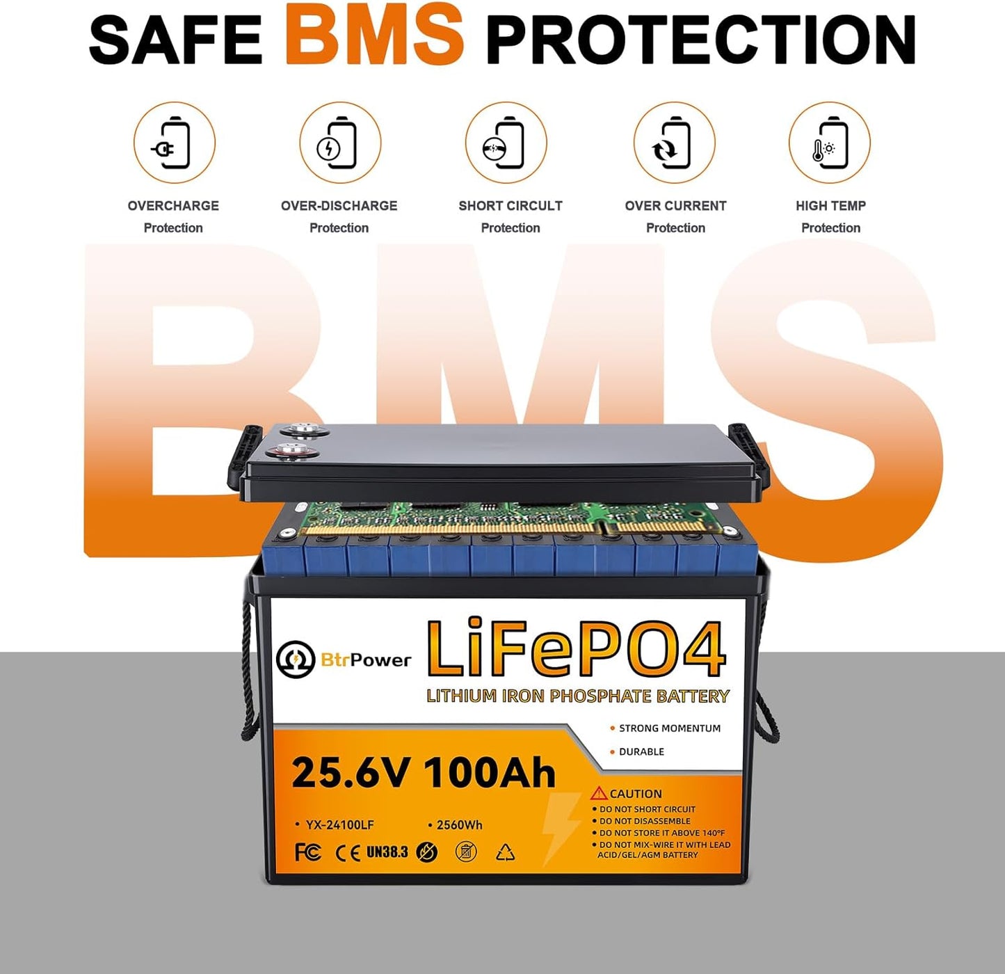 BtrPower Lithium 24V 100Ah LiFePO4 Battery for RV Marine Solar System 100A BMS