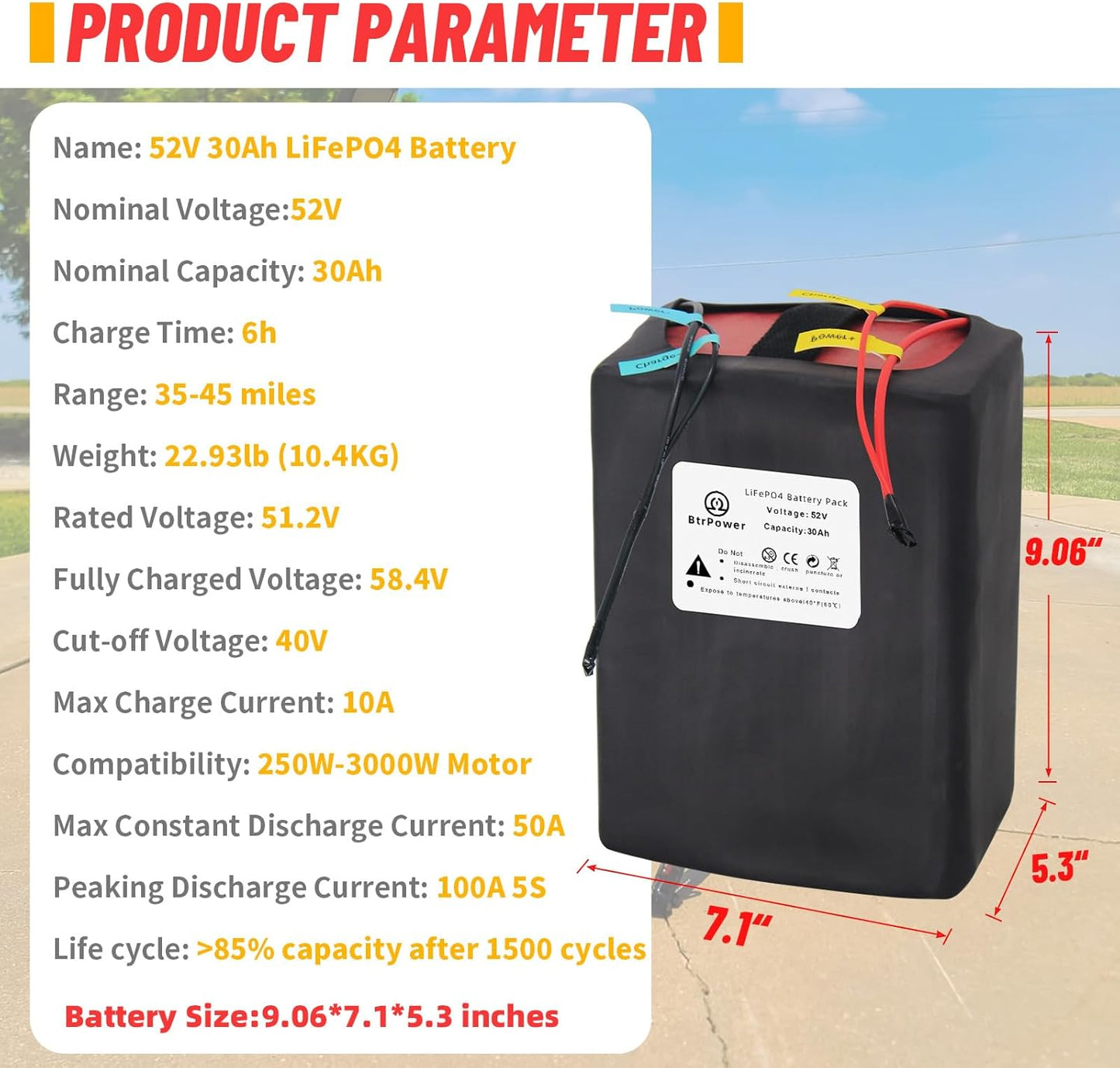 Ebike Battery 52V 30AH LiFePO4 Battery Pack with 5A Charger,50A BMS for 300W-1500W Motor Scooter