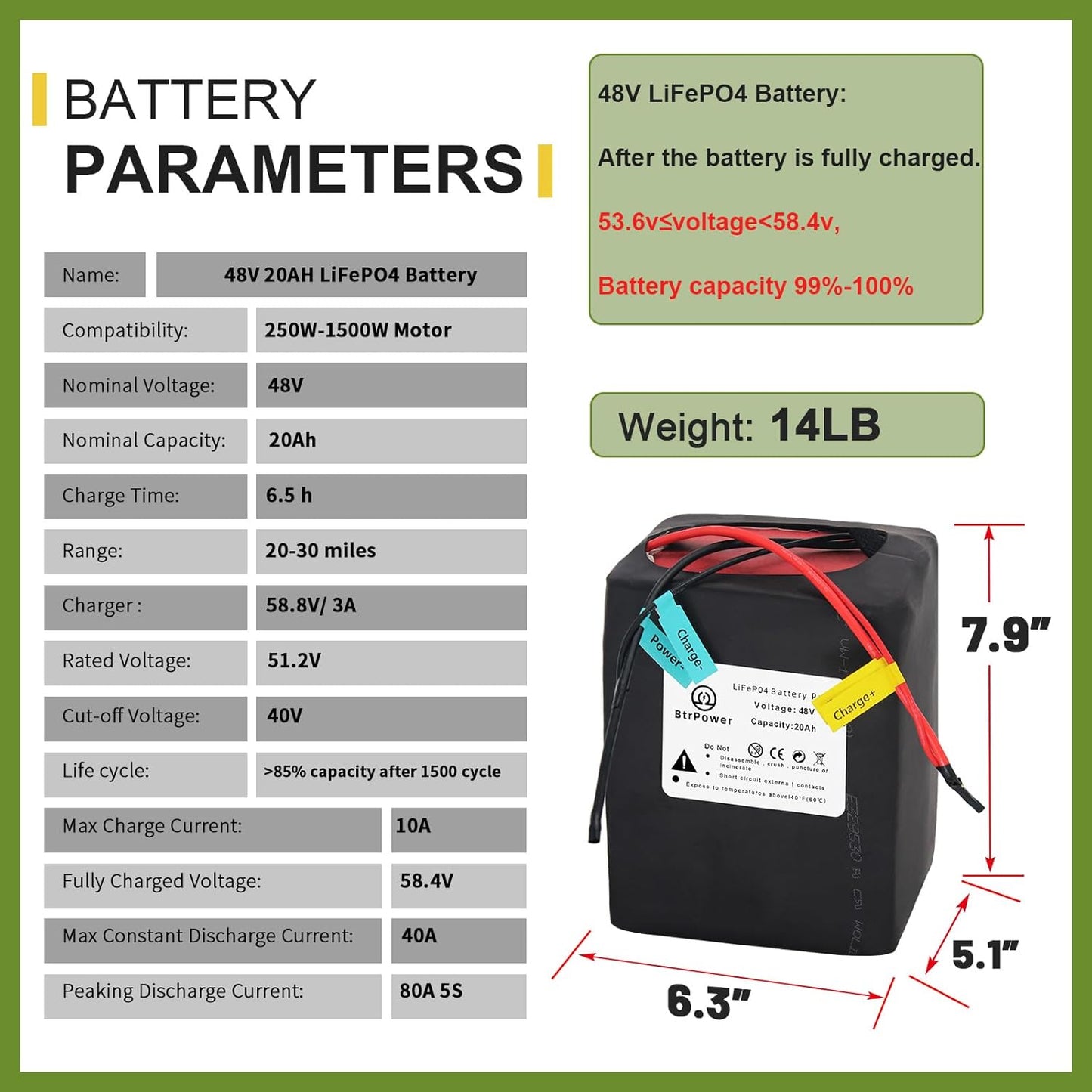 BtrPower Eike Battery 48V 20AH LiFePO4 Battery Pack with 3A Charger,40A BMS