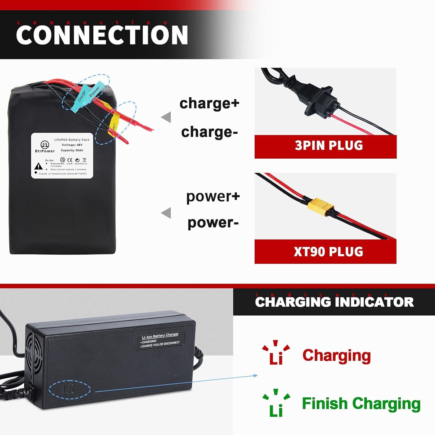 48V 16Ah Ebike Battery Pack LiFepo4 Lithium Batteries for 250W-750W Electric Bike Scooter 30A BMS