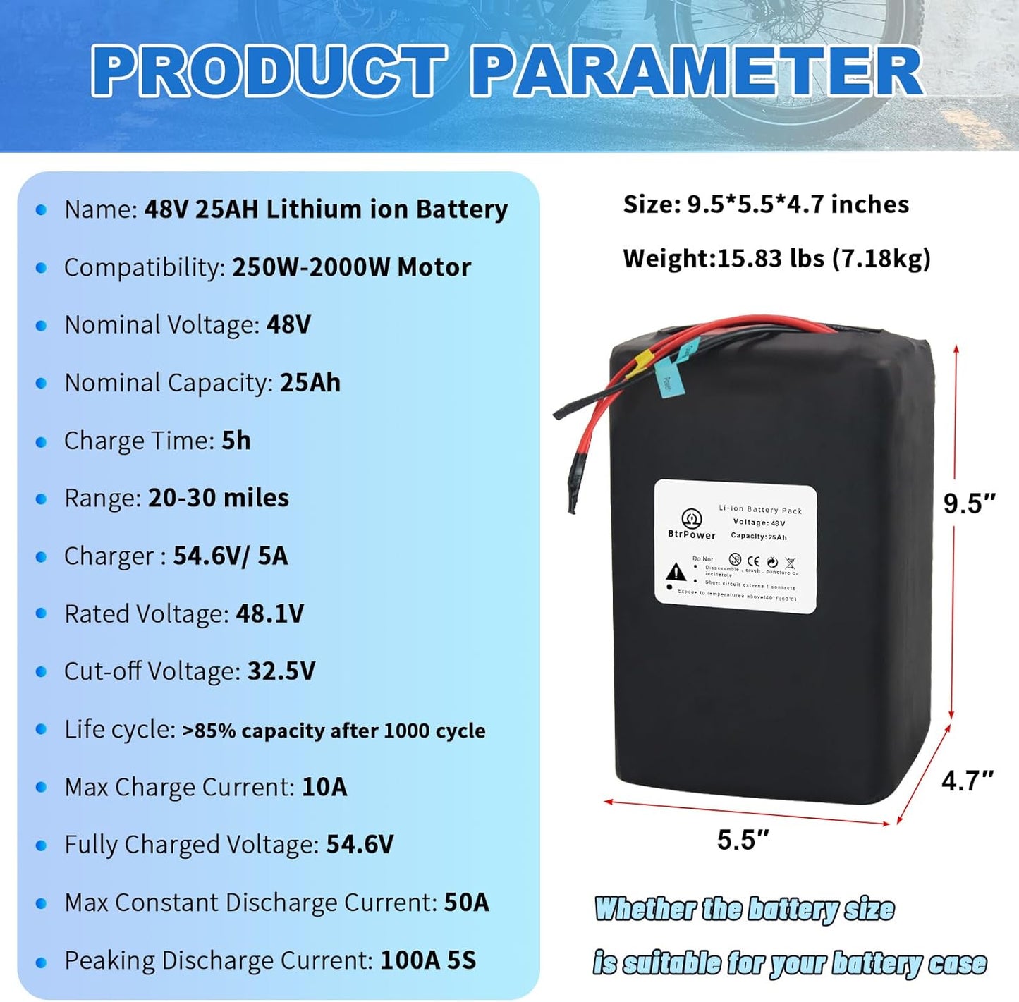 BtrPower Ebike Battery 48V 25AH Lithium ion Battery Pack with 5A Charger, 50A BMS