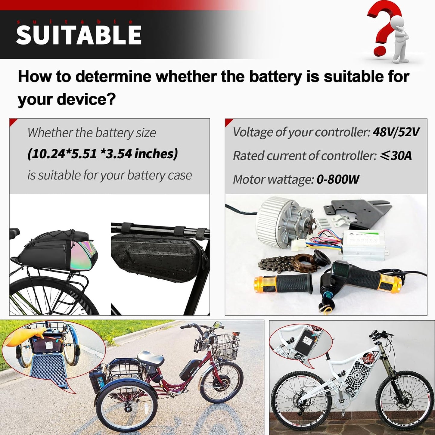 48V 16Ah Ebike Battery Pack LiFepo4 Lithium Batteries for 250W-750W Electric Bike Scooter 30A BMS