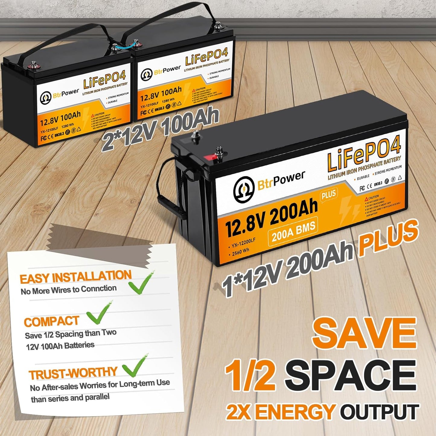 BtrPower 12V 200AH LiFePO4 Lithium Battery Pack 200A BMS for RV Marine Solar System Trolling Motor