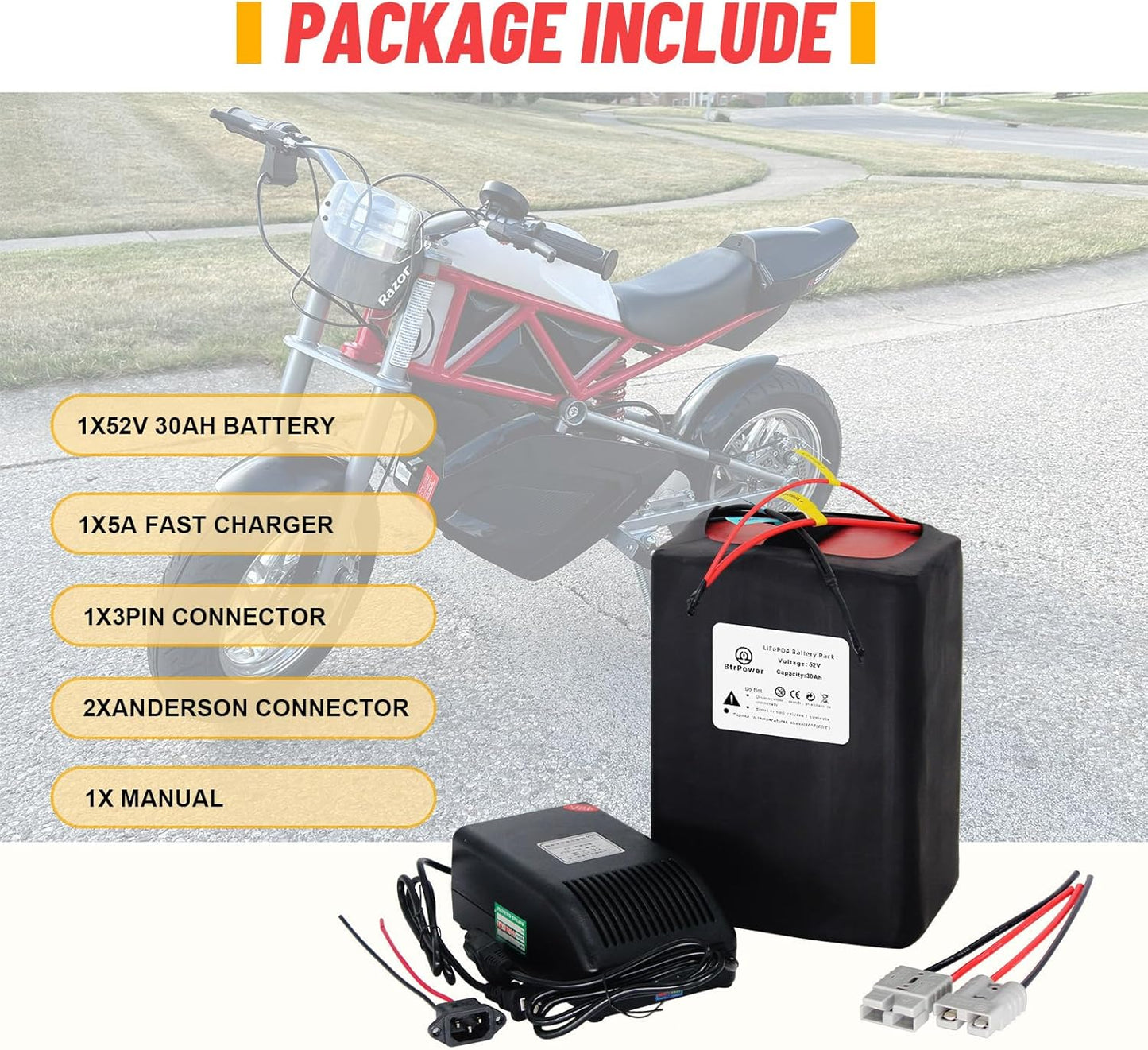 Ebike Battery 52V 30AH LiFePO4 Battery Pack with 5A Charger,50A BMS for 300W-1500W Motor Scooter