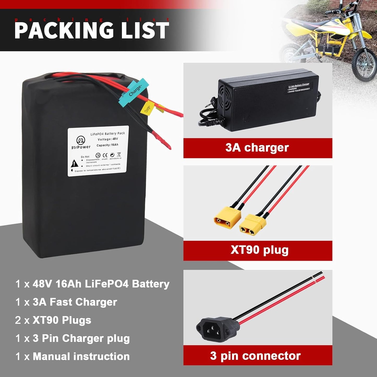 48V 16Ah Ebike Battery Pack LiFepo4 Lithium Batteries for 250W-750W Electric Bike Scooter 30A BMS