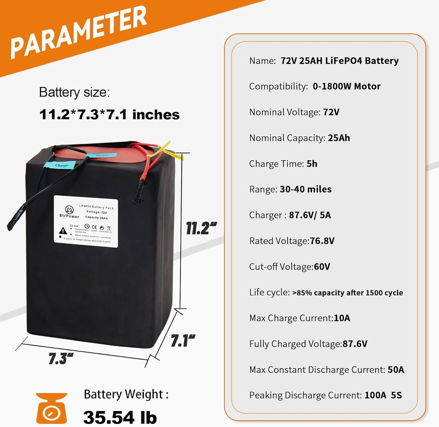 BtrPower Ebike Battery 72V 25AH LiFePO4 Battery Pack with 5A Charger 50A BMS