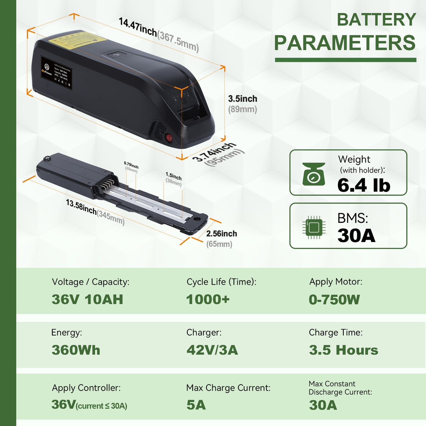 BtrPower 36V 10Ah Hailong Ebike Battery for Electric Bike Motor Lithium Battery 30A BMS