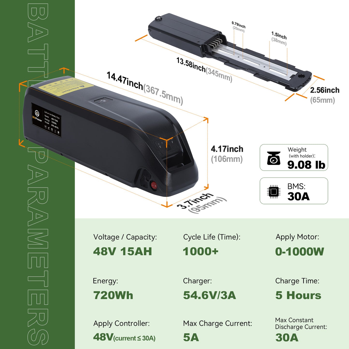 BtrPower 48V 15Ah Hailong Ebike Battery for Electric Bike Motor Lithium Battery 30A BMS