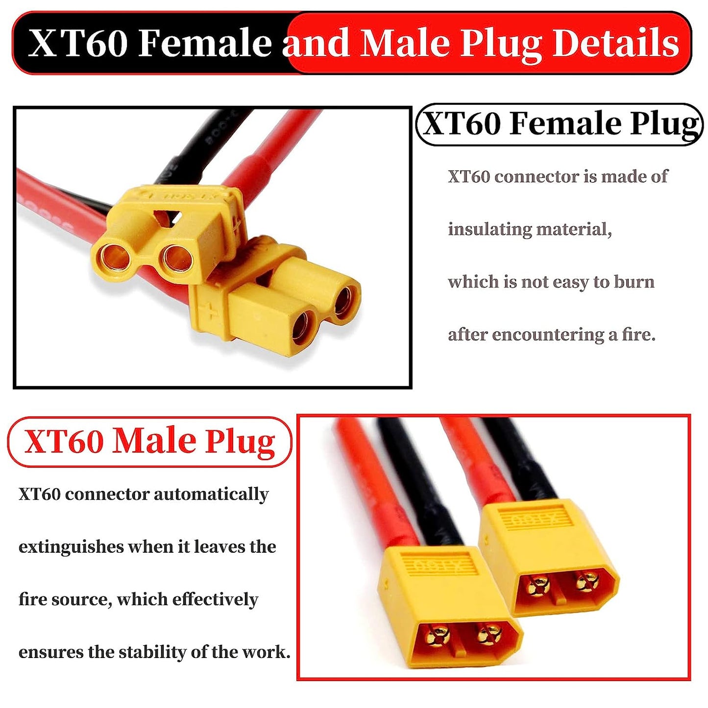 BtrPower 2pair XT60 Male Female Connector with 150mm 14AWG Silicone Wire