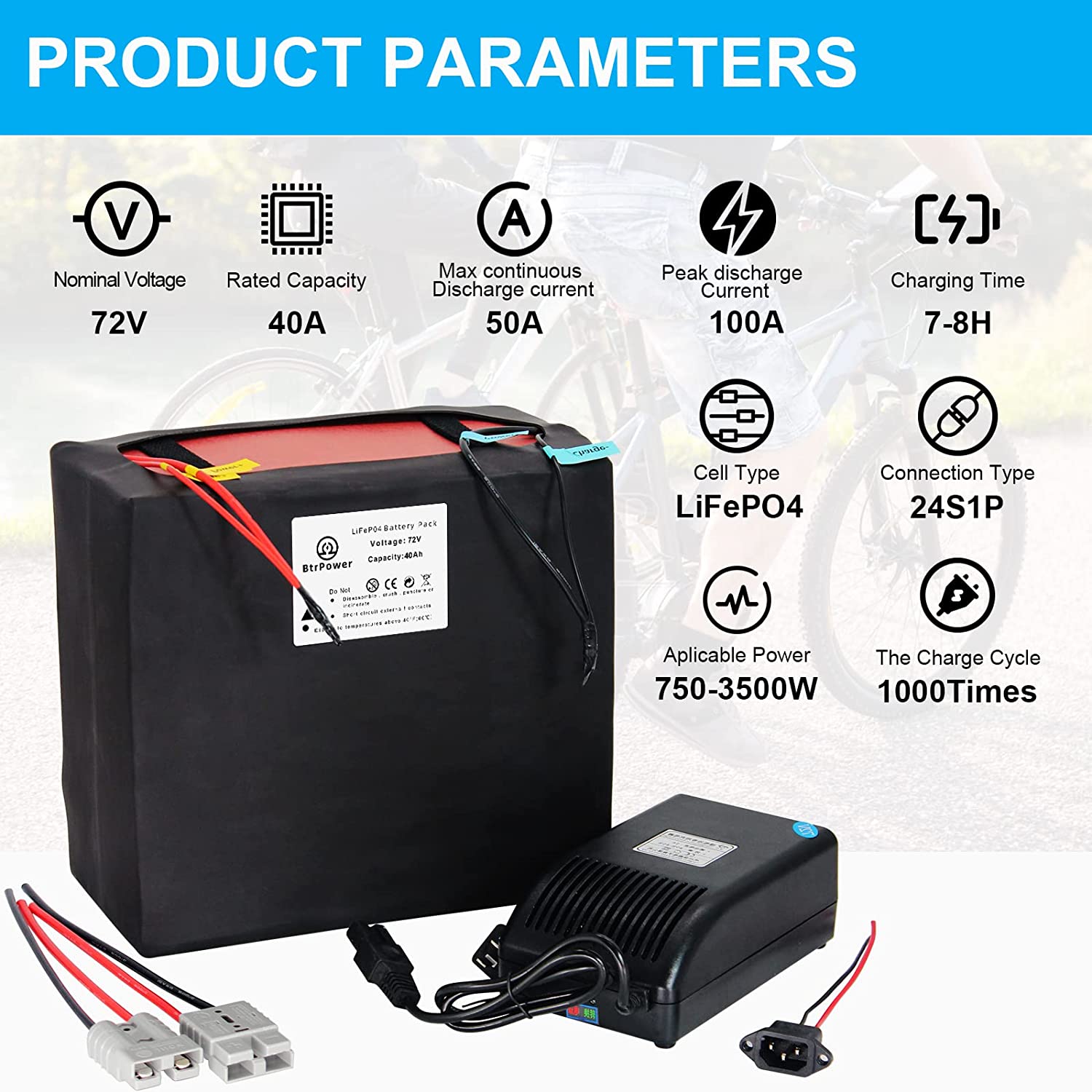 BtrPower Ebike Battery 72V 40AH LiFePO4 Battery Pack with 5A Charger 8
