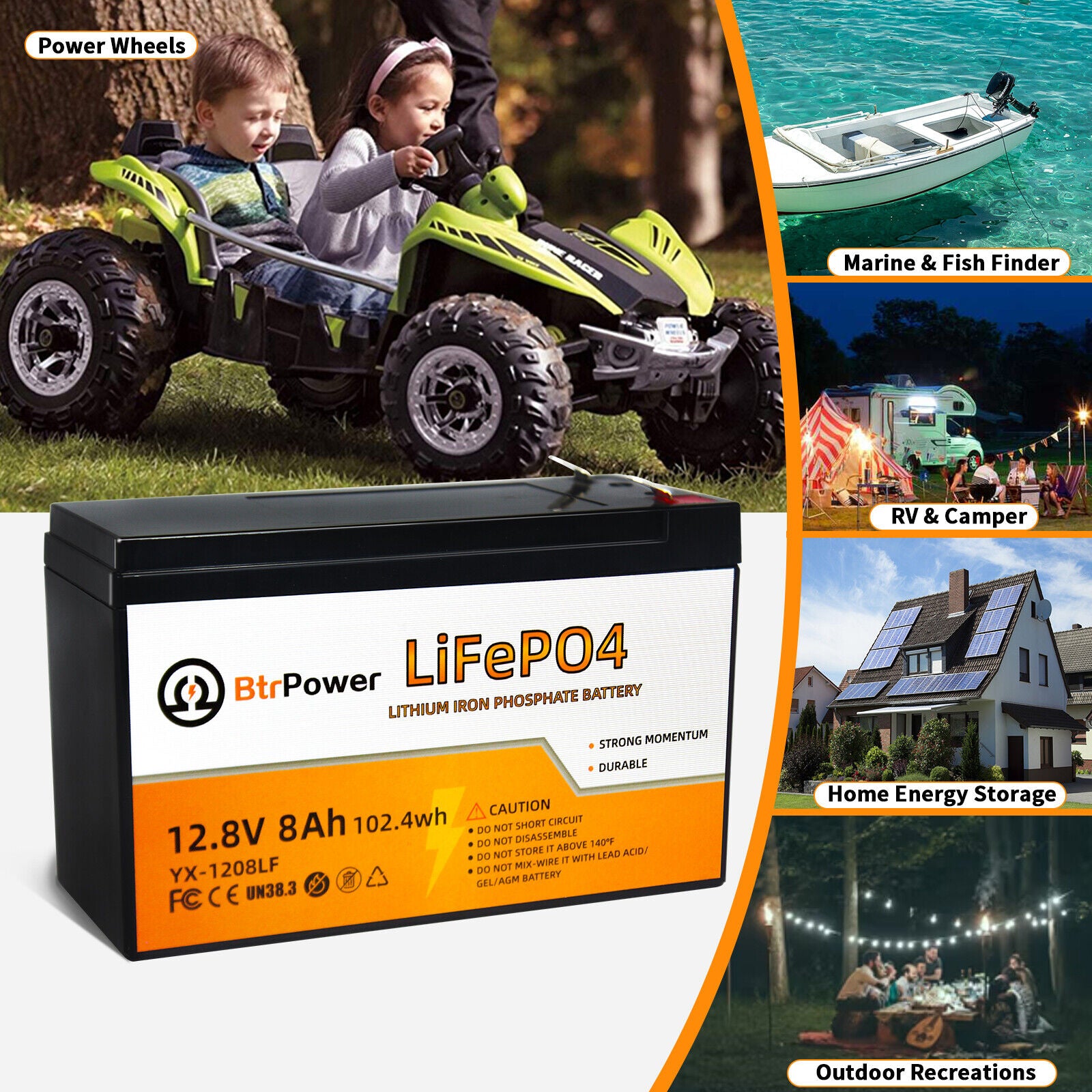 12V 8Ah LiFePO4 Lithium Deep Cycle Battery, 2000+ Cycles Rechargeable  Battery for Solar/Wind Power, Lighting, Power Wheels, Fish Finder and More  with